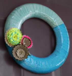 Neon Fabric Flower Washi Tape Wreath Tutorial at savedbylovecreations.com