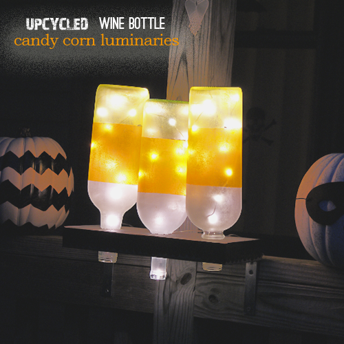 #Upcycled Wine Bottle Candy Corn luminaries for #Halloween #repurpose #recycledCrafts
