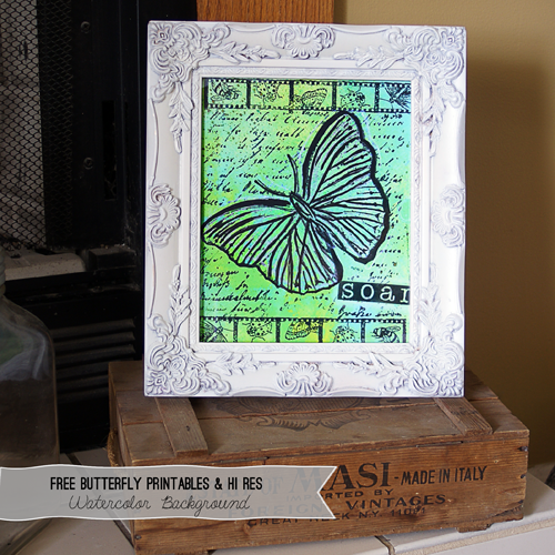 Free butterfly watercolor printable, digital stamp, Dylusions ink, from @savedbyloves