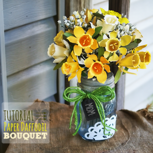 Learn to make a gorgeous Paper Daffodil Bouquet #sizzix and painted #masonjar vase