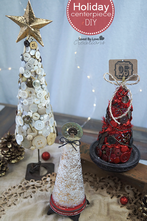 Holiday Centerpiece using found objects and vintage buttons on @floracraft Styrofoam trees @savedbyloves