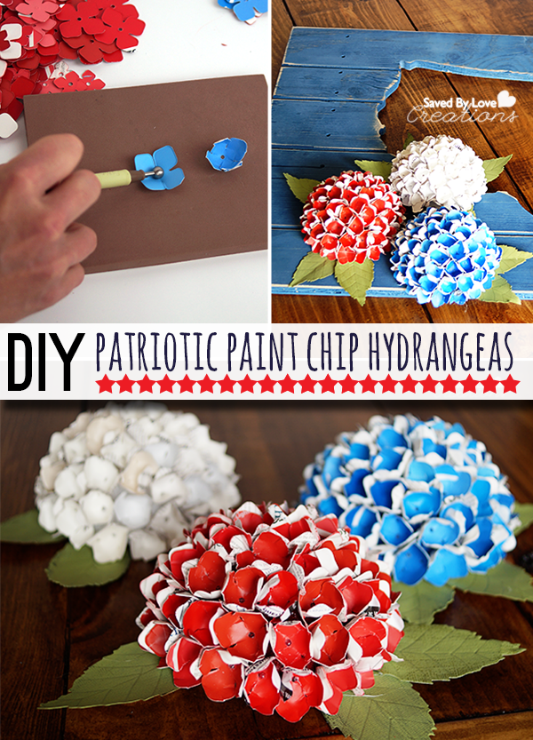 Make Patriotic Paint Chip Craft Paper Hydrangeas @savedbyloves