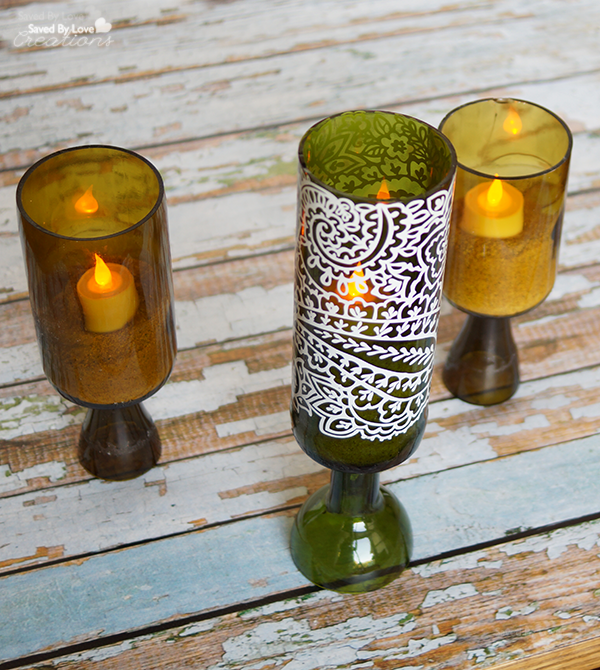 Recycled Wine Bottle Candle Holder Tutorial @savedbyloves