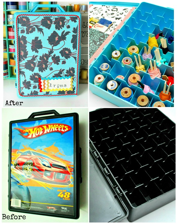 Repurposed Toy Car Box Storage to Sewing Notion Storage - Before and After
